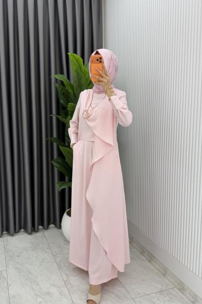 Pembe Nazlı Takım Premium Seri Borş Detaylı Tesettür Giyim