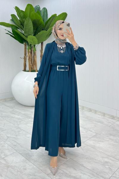 Petrol Premium Silva Tulumlu Abaya Takım Tesettür Giyim