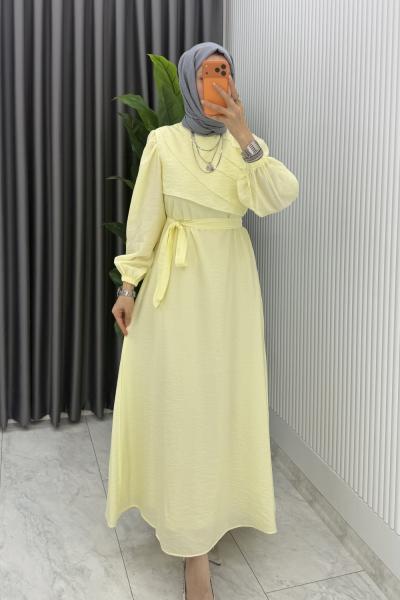 Sarı Emel Elbise Premium Seri Kuşaklı Tam Boy Tesettür Giyim