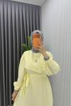 Sarı Emel Elbise Premium Seri Kuşaklı Tam Boy Tesettür Giyim