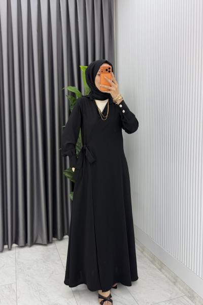 Siyah Eflal Bağlamalı Ferace  Premium Seri Tesettür Giyim