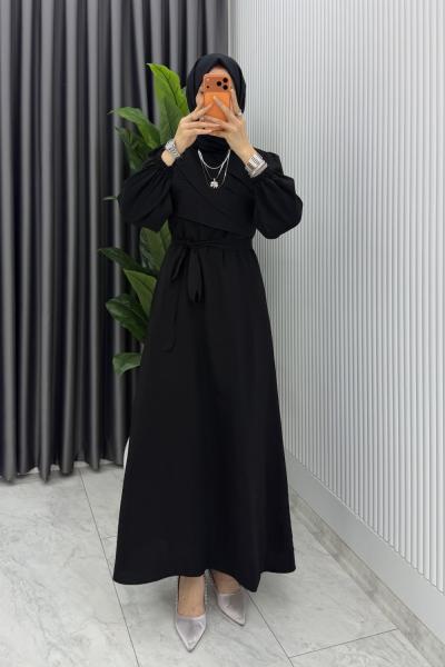 Siyah Emel Elbise Premium Seri Kuşaklı Tam Boy Tesettür Giyim
