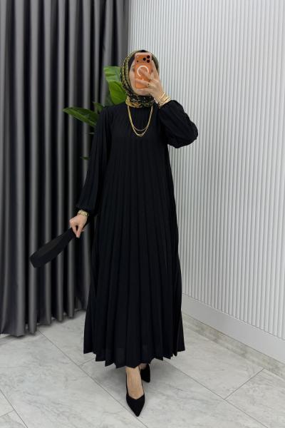 Siyah Hifa Piliseli Elbise Tesettür Giyim