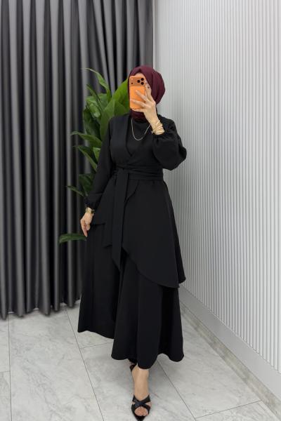Siyah Manolya Bol Pantolonlu Tesettür Takım Kemerli Double Krep Kumaş