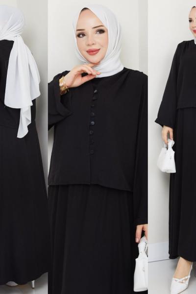Siyah Modadüğme Elbise Takım Tesettür Giyim