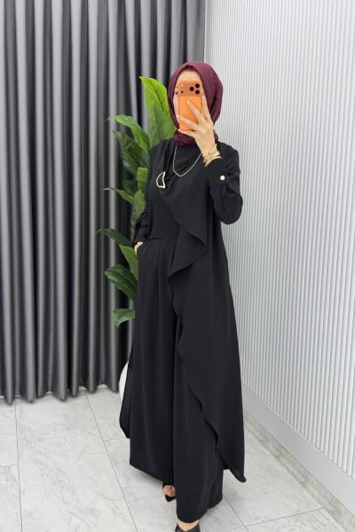 Siyah Nazlı Takım Premium Seri Borş Detaylı Tesettür Giyim