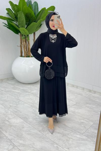 Siyah Premium Aksu Etek Takım Tesettür Giyim