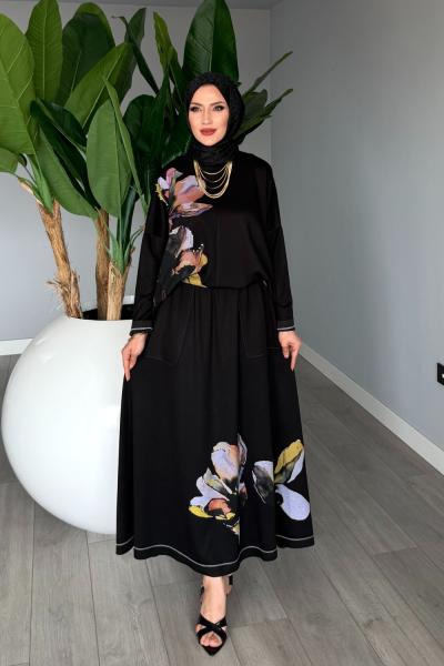 Siyah Premium Derya Etekli Takım Yazlık Oysho Kumaş Tesettür Giyim