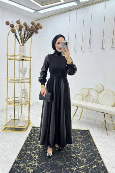 Siyah Prenses Deri Elbise Tesettür Giyim