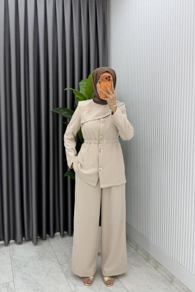 Taş Zerya Ceket Takım Premium Seri Kemerli Tesettür Giyim Double Krep Plazzo Uzun Pantolon