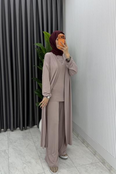 Vizon Sevgi Takım Üçlü Tam Boy İçlik Hırka Ve Pantolon Tesettür Giyim
