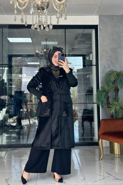 Angora Taşlı Kaban Siyah