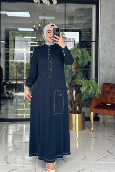 Lase Desenli Elbise Lacivert