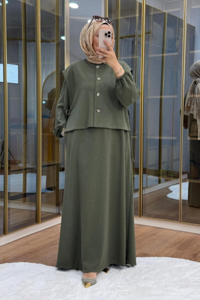 Asimetrik Düğme Detaylı Yelek Elbise Haki