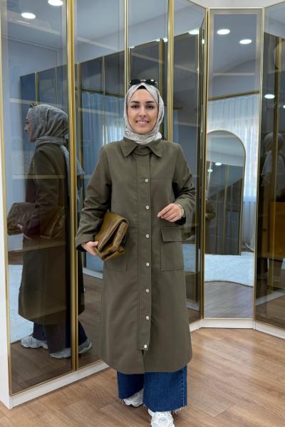 Çıtçıtlı Detaylı Parka Trençkot Haki