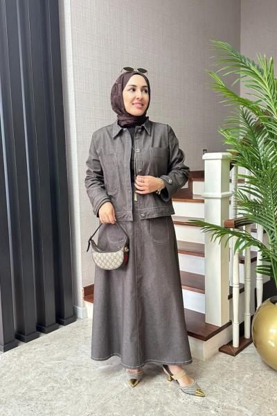 Kontrast Dikişli Kot Etekli Takım  Kahverengi