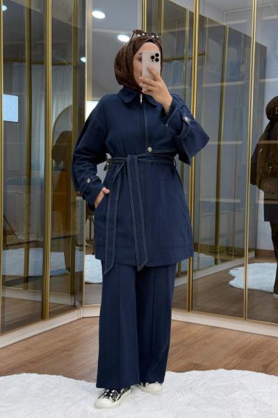 Pelerinli Gabardin Takım Lacivert