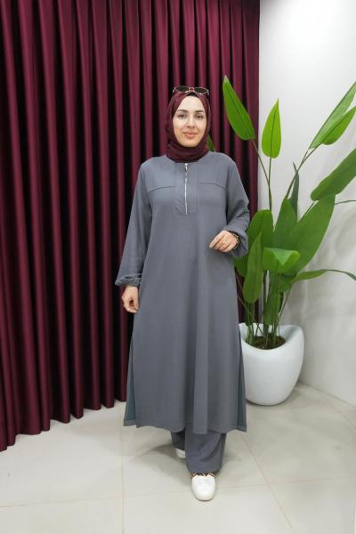 Yandan Yırtmaçlı Fermuar Detaylı Oysho Takım  Füme