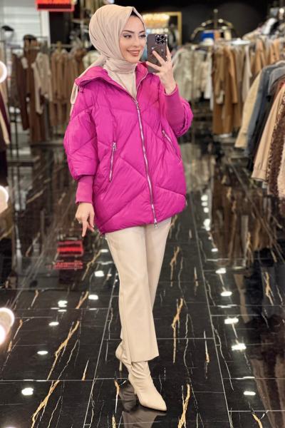 0004 Cep Ve Ön Fermuarlı Kapşonlu Şişme Mont Fuşya