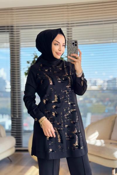 01-1290 Önü Varak Baskılı Tunik Siyah Leopar