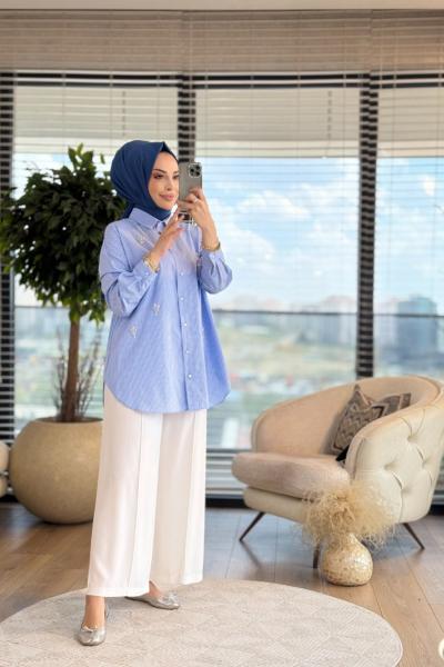 01-1312 Çizgili Üstü Taş İşlemeli Gömlek Mavi