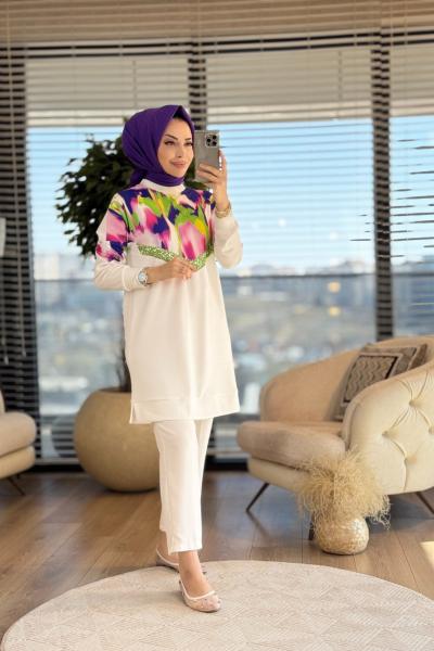 01-1321 Roba Suluboya Desen Payet Detay Tunik Ekru Yeşil