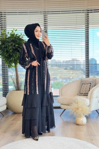 02-1473 Boyuna Pul Nakışlı 2li Takım Siyah Bakır