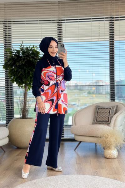 02-2100 Üstü Desenli Fermuarlı Takım Lacivert