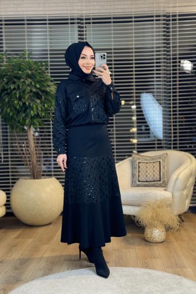 02-2222 Sağ Taraf Pul Kumaş Detaylı Takım Siyah