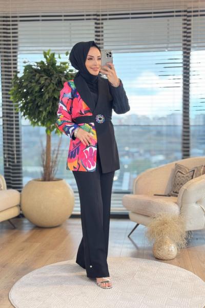 02-2444 Sol Taraf Desenli Ceket Siyah Pembe