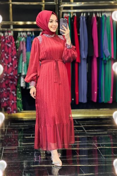 0449 Şifon Omuz Yaka Manşet Taşlı Elbise Bordo