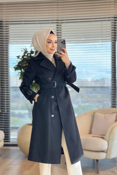 06-1125 Kolları Nakışlı Kaşe Kaban Siyah