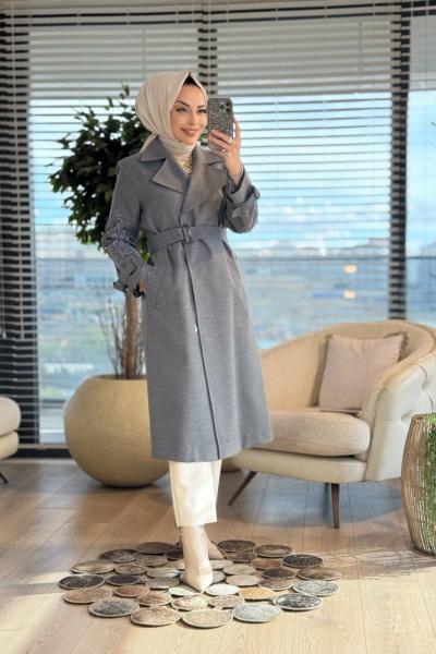 06-1125 Kolları Nakışlı Kaşe Kaban Antrasit
