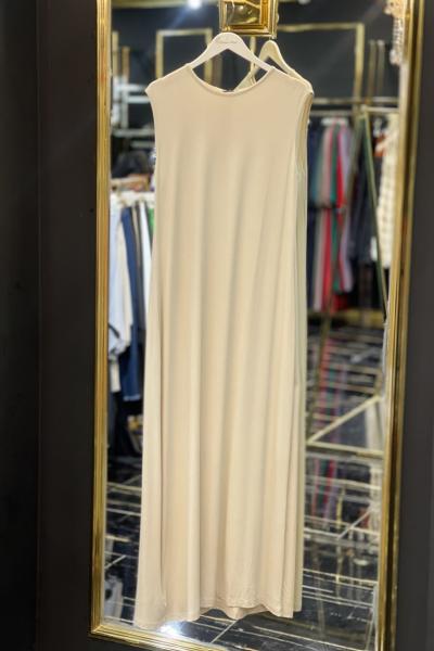 0614 Penye Sıfır Kol İçlik Elbise Bej