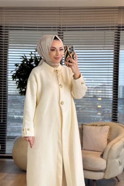 080 Angora Patı Ve Manşeti Düğmeli Kap Ekru