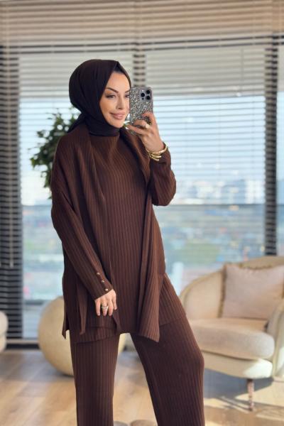 10017 Kolları Düğmeli Şallı Triko Takım Kahve