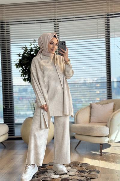 10017 Kolları Düğmeli Şallı Triko Takım Bej