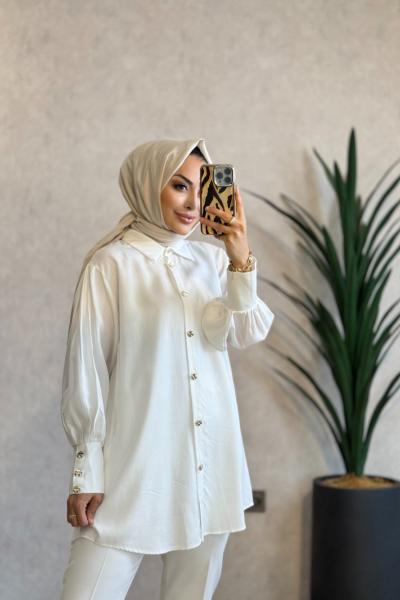 1012-4 Lyocel Metal Düğmeli Tunik Beyaz