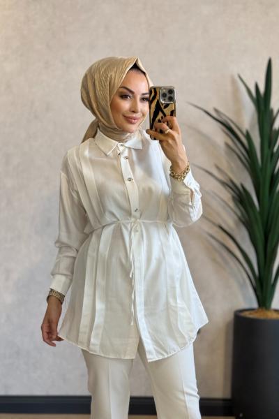 1016-2 Tencel Önü Pileli Gömlek Beyaz