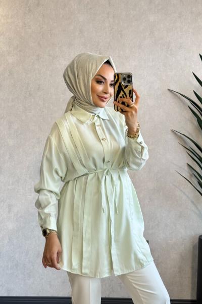 1016-2 Tencel Önü Pileli Gömlek Mint
