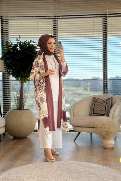 1027 Geometrik Desen Şal Yaka Kap Kahve
