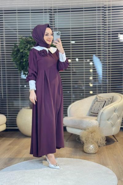 1042 Bebe Yaka Çiçek Broşlu Elbise Bordo