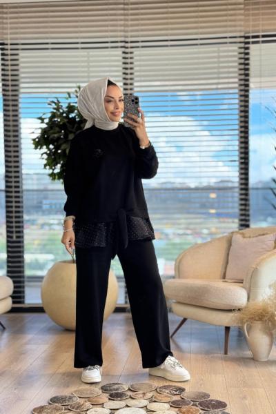 10592 Eteği Tül Üstü Taşlı Takım Siyah