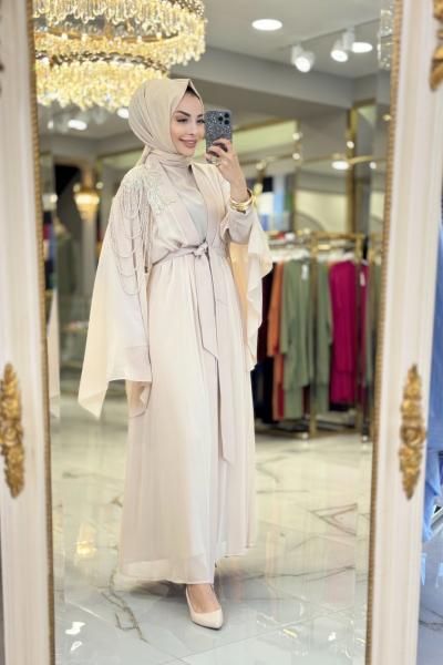 10611 Sol Omuz Çiçek Boncuk İşli 2li Takım Bej