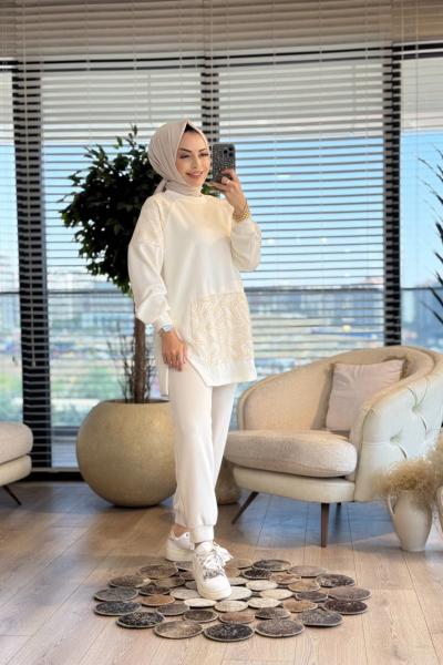 10624 Omuz Ve Cep Sutaşı İşli Tunik Ekru