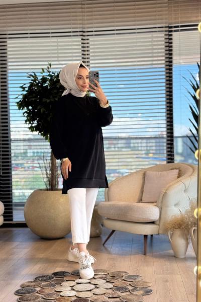 10627 Sağ Göğüs Çiçek İşli Tunik Siyah