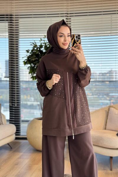 10679 Önü Petek Desen Parçalı Fermuarlı Tunik Kahve