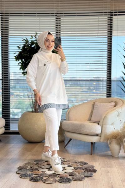 10720 Etek Ucu Çizgi Parçalı Tunik Ekru