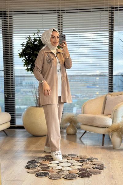 10727 Taş Arma Baskılı Üçlü Takım Bej