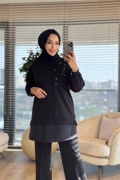 10739 Sağ Omuz Nakış Ve Taş İşlemeli Tunik Siyah